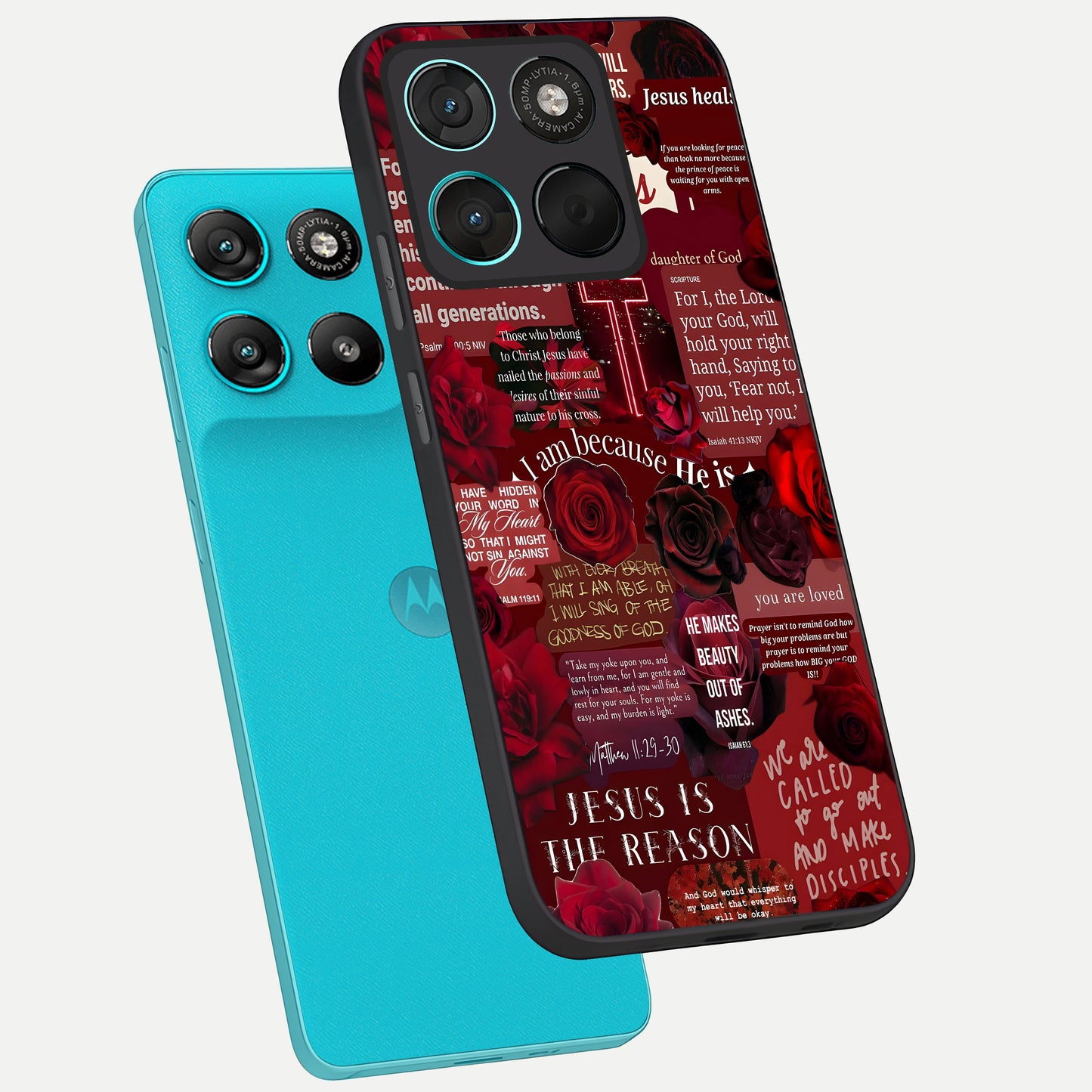  Jesus Love Heals phone case For Moto G57 Power showing premium glass back cover with detailed artwork