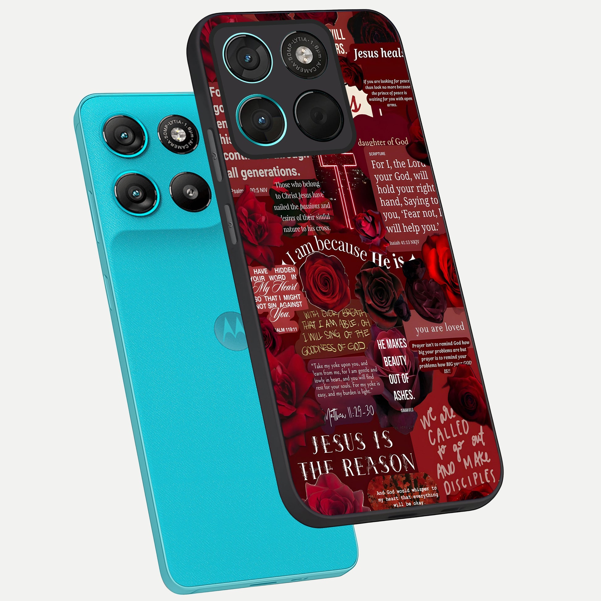  Jesus Love Heals phone case For Moto G57 Power showing premium glass back cover with detailed artwork