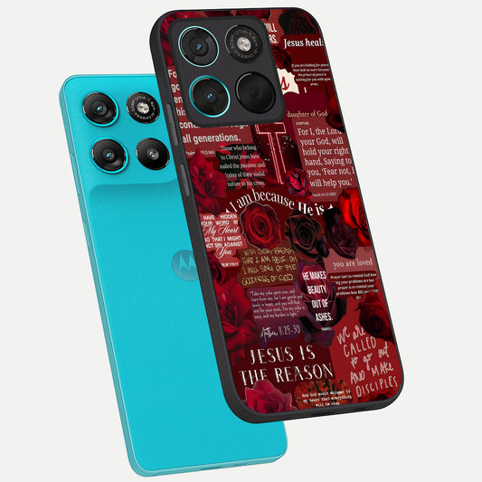  Jesus Love Heals phone case For Moto G57 Power showing premium glass back cover with detailed artwork