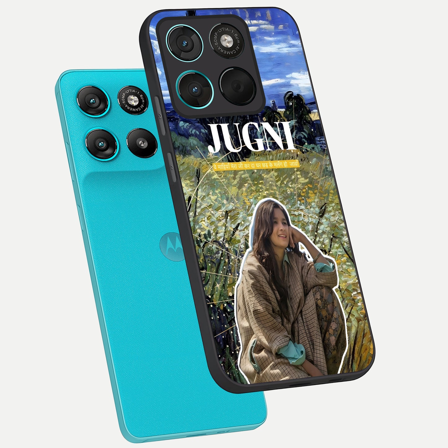  Jugni Soul Vibes phone case For Moto G57 Power showing premium glass back cover with detailed artwork