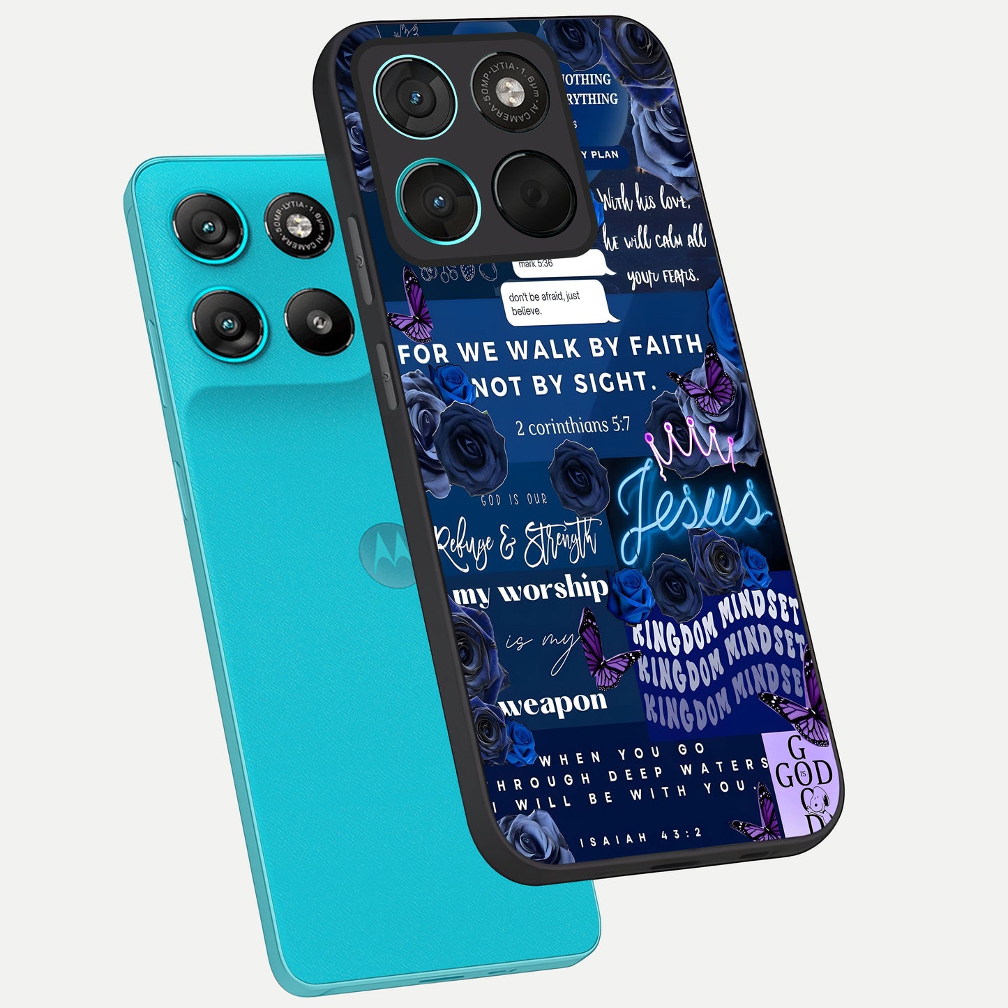  Kingdom Faith Glow phone case For Moto G57 Power showing premium glass back cover with detailed artwork
