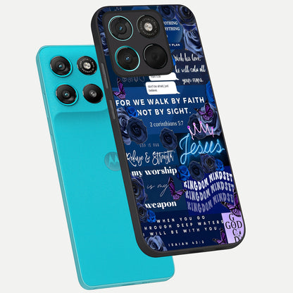  Kingdom Faith Glow phone case For Moto G57 Power showing premium glass back cover with detailed artwork