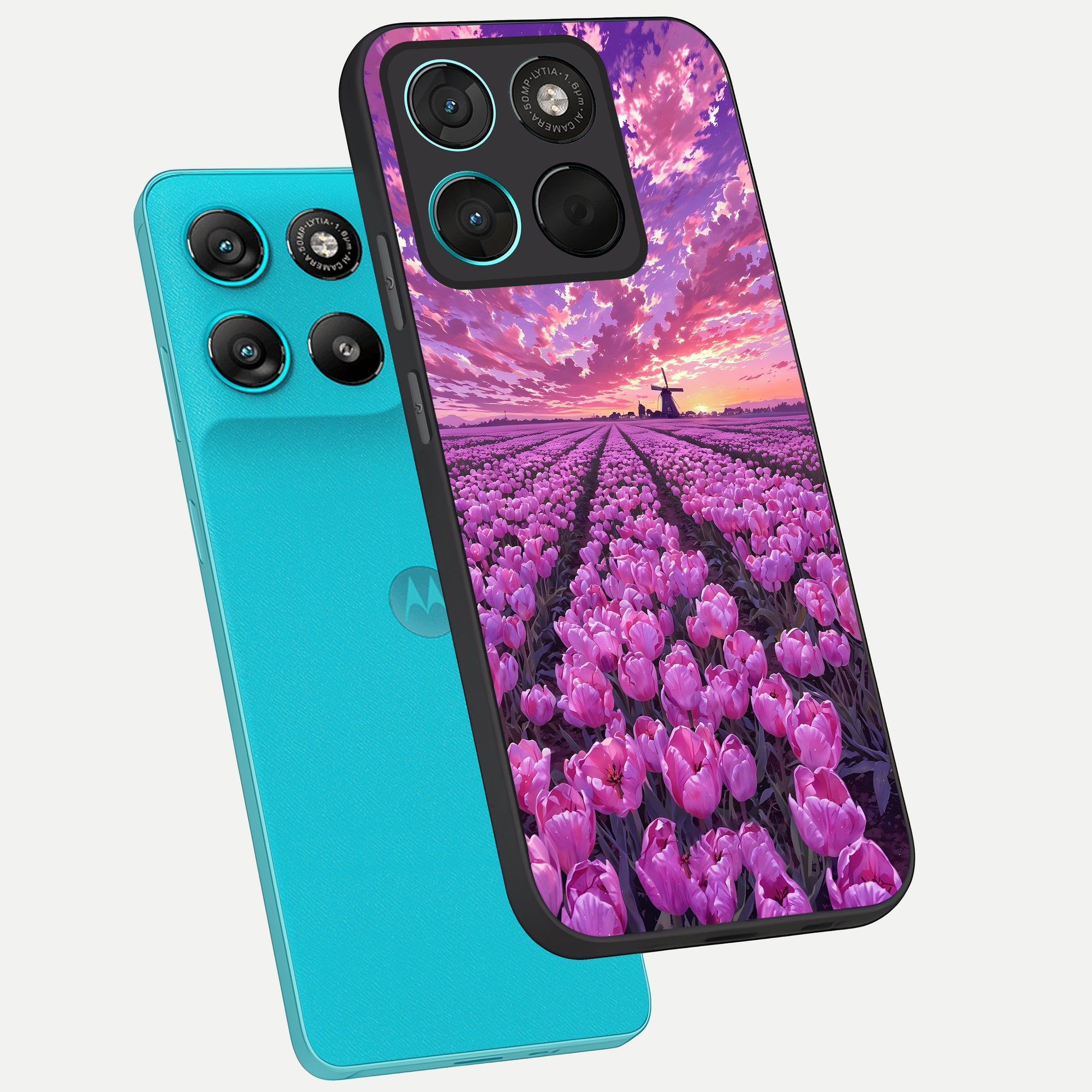  Lavender Dream Skies phone case For Moto G57 Power showing premium glass back cover with detailed artwork