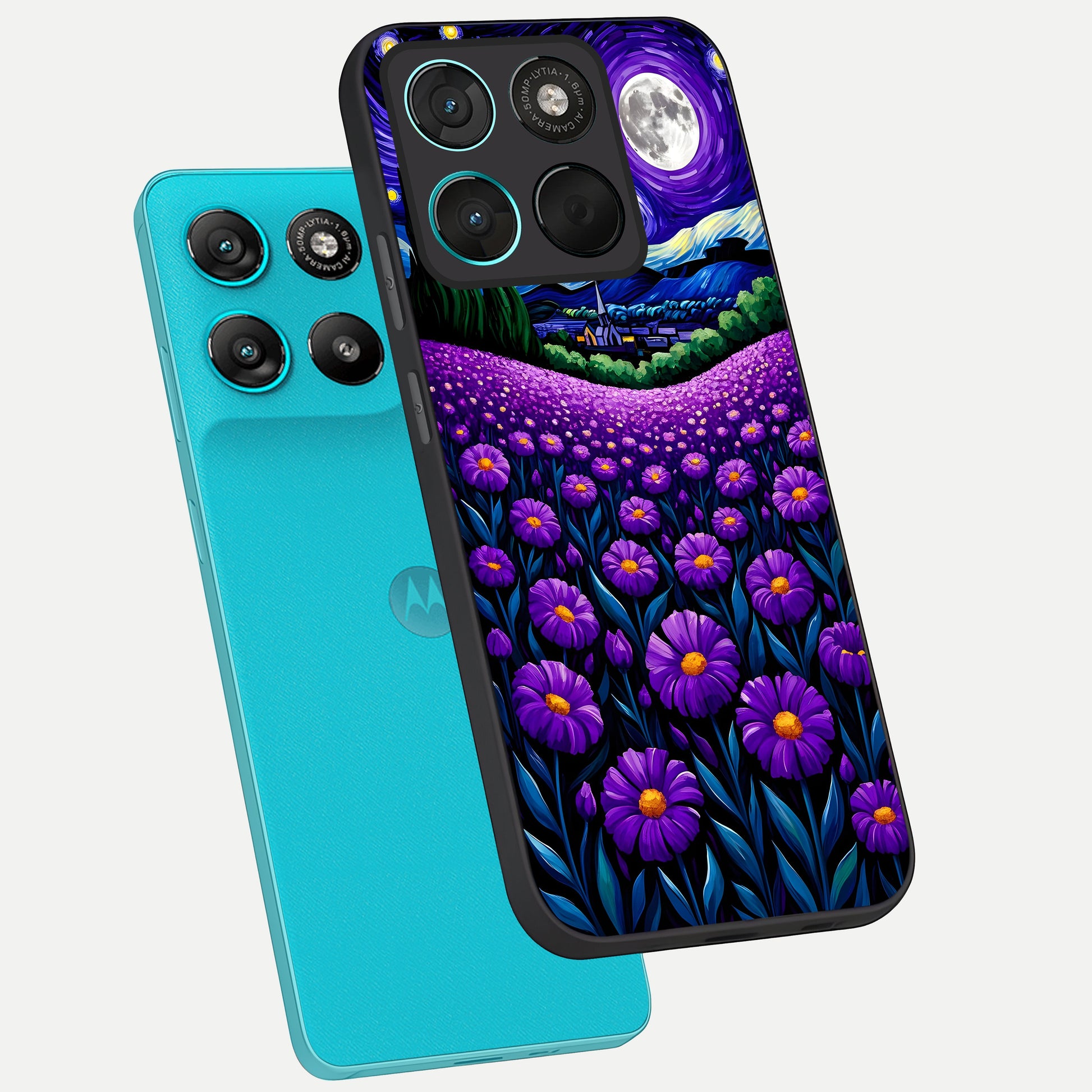  Lavender Moon Field phone case For Moto G57 Power showing premium glass back cover with detailed artwork