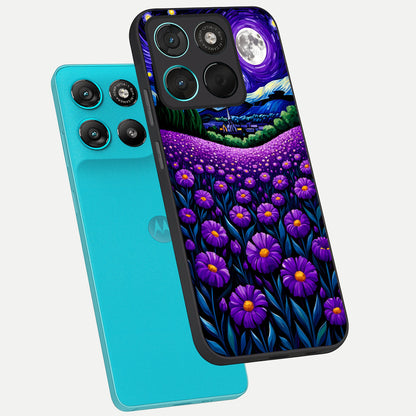  Lavender Moon Field phone case For Moto G57 Power showing premium glass back cover with detailed artwork