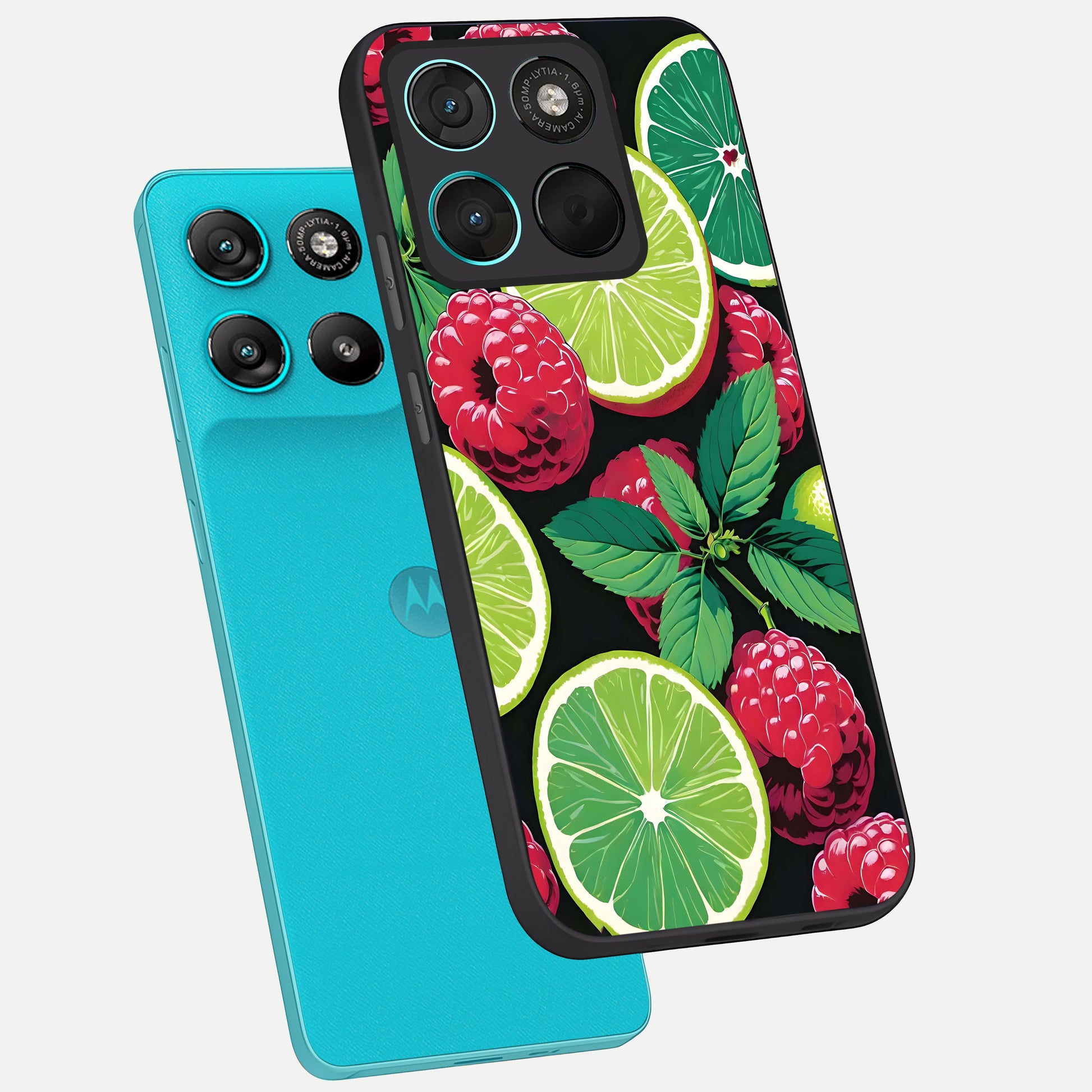  Lime and Raspberry Pattern phone case For Moto G57 Power showing premium glass back cover with detailed artwork
