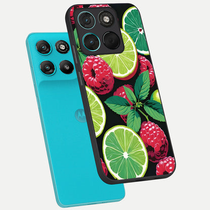  Lime and Raspberry Pattern phone case For Moto G57 Power showing premium glass back cover with detailed artwork