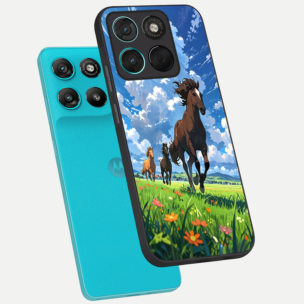  Majestic Horses Galloping phone case For Moto G57 Power showing premium glass back cover with detailed artwork