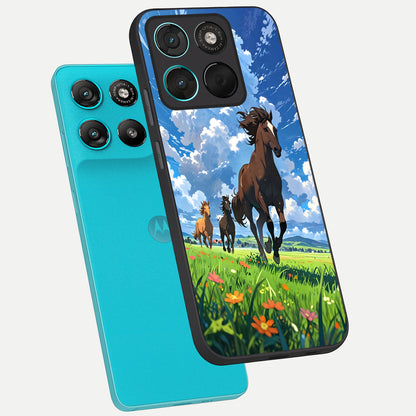  Majestic Horses Galloping phone case For Moto G57 Power showing premium glass back cover with detailed artwork