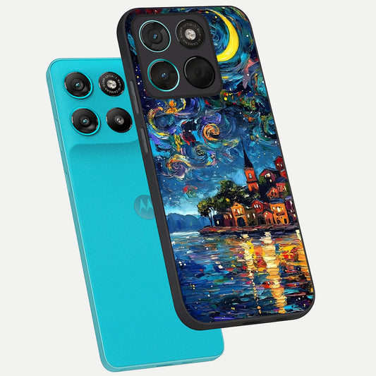  Moonlight Harbor Glow phone case For Moto G57 Power showing premium glass back cover with detailed artwork