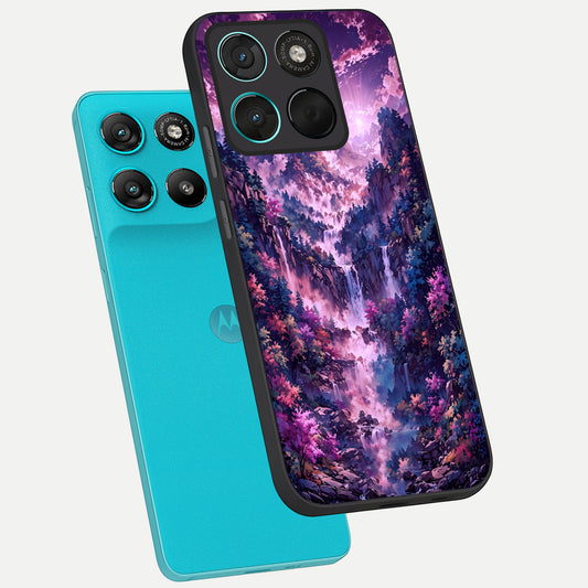  Mystic Cascade Peaks phone case For Moto G57 Power showing premium glass back cover with detailed artwork