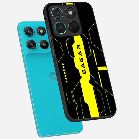  Neon CYBERPUNK Custom Name phone case For Moto G57 Power showing premium glass back cover with detailed artwork