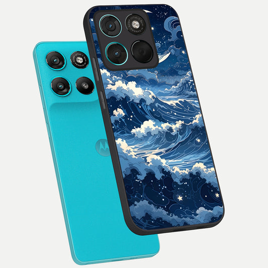  Ocean Moon Waves phone case For Moto G57 Power showing premium glass back cover with detailed artwork