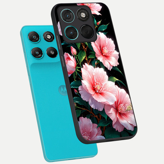  Peach Flower phone case For Moto G57 Power showing premium glass back cover with detailed artwork