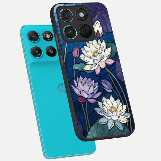  Purple Lotus Stained phone case For Moto G57 Power showing premium glass back cover with detailed artwork