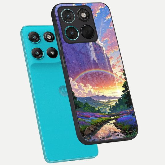  Rainbow Valley Dream phone case For Moto G57 Power showing premium glass back cover with detailed artwork