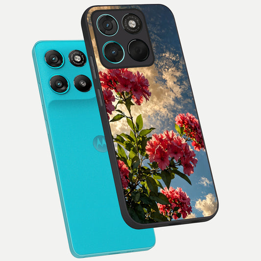  Red Bloom Skies phone case For Moto G57 Power showing premium glass back cover with detailed artwork
