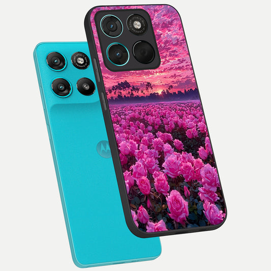  Rose Sunset Valley phone case For Moto G57 Power showing premium glass back cover with detailed artwork