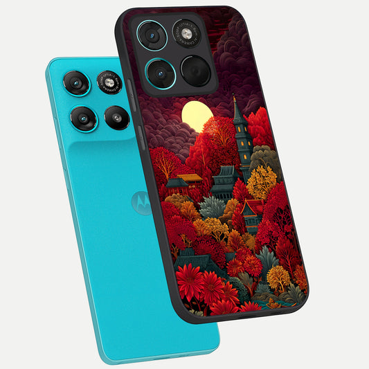  Scarlet Autumn Temple phone case For Moto G57 Power showing premium glass back cover with detailed artwork