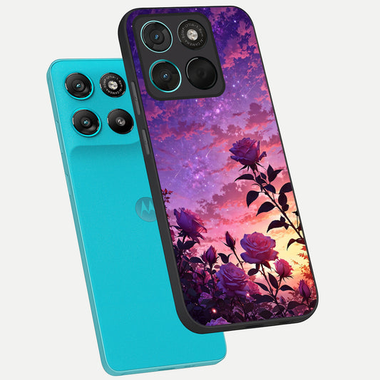  Starlit Rose Twilight phone case For Moto G57 Power showing premium glass back cover with detailed artwork