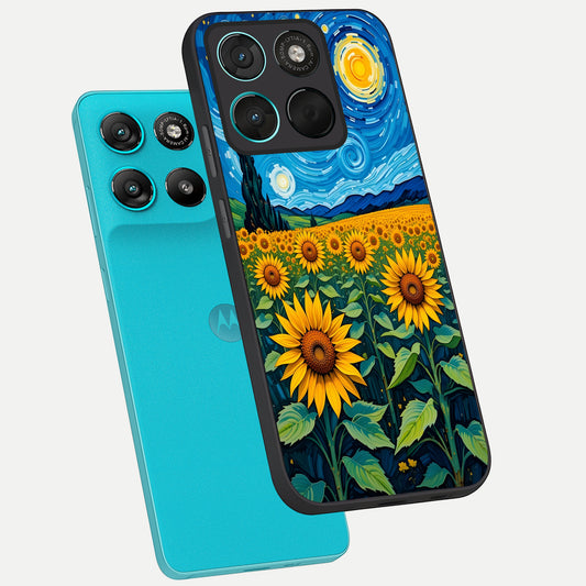  Starry Sunflower Dreams phone case For Moto G57 Power showing premium glass back cover with detailed artwork