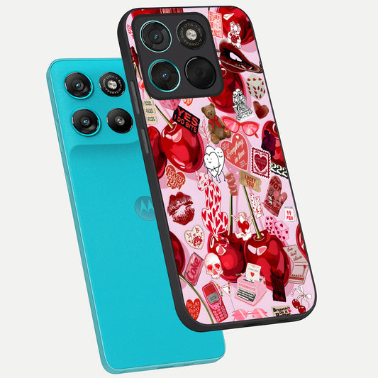  Sweet Cherry Chaos phone case For Moto G57 Power showing premium glass back cover with detailed artwork