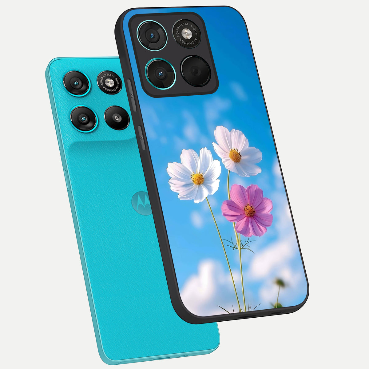  Tripple Flowers With Sky phone case For Moto G57 Power showing premium glass back cover with detailed artwork