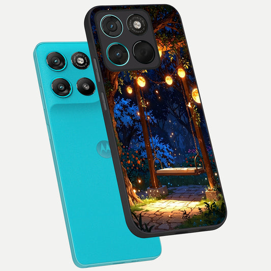  Twilight Garden Swing phone case For Moto G57 Power showing premium glass back cover with detailed artwork
