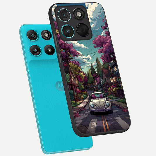  Vintage Street Drive phone case For Moto G57 Power showing premium glass back cover with detailed artwork