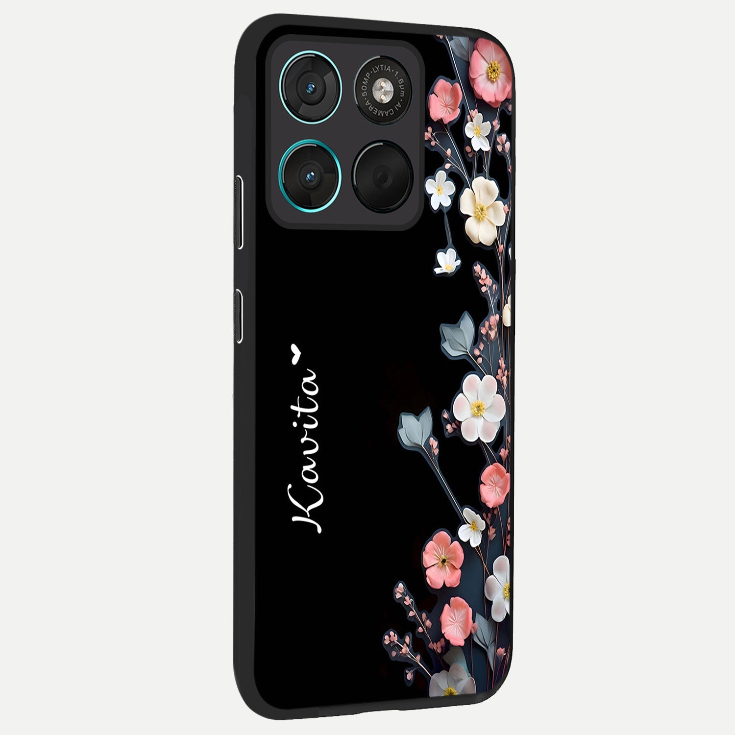  Black Elegance Floral Custom Name back cover For Moto G57 Power slim fit glass case with vibrant aesthetic design