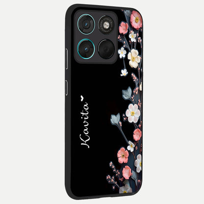  Black Elegance Floral Custom Name back cover For Moto G57 Power slim fit glass case with vibrant aesthetic design