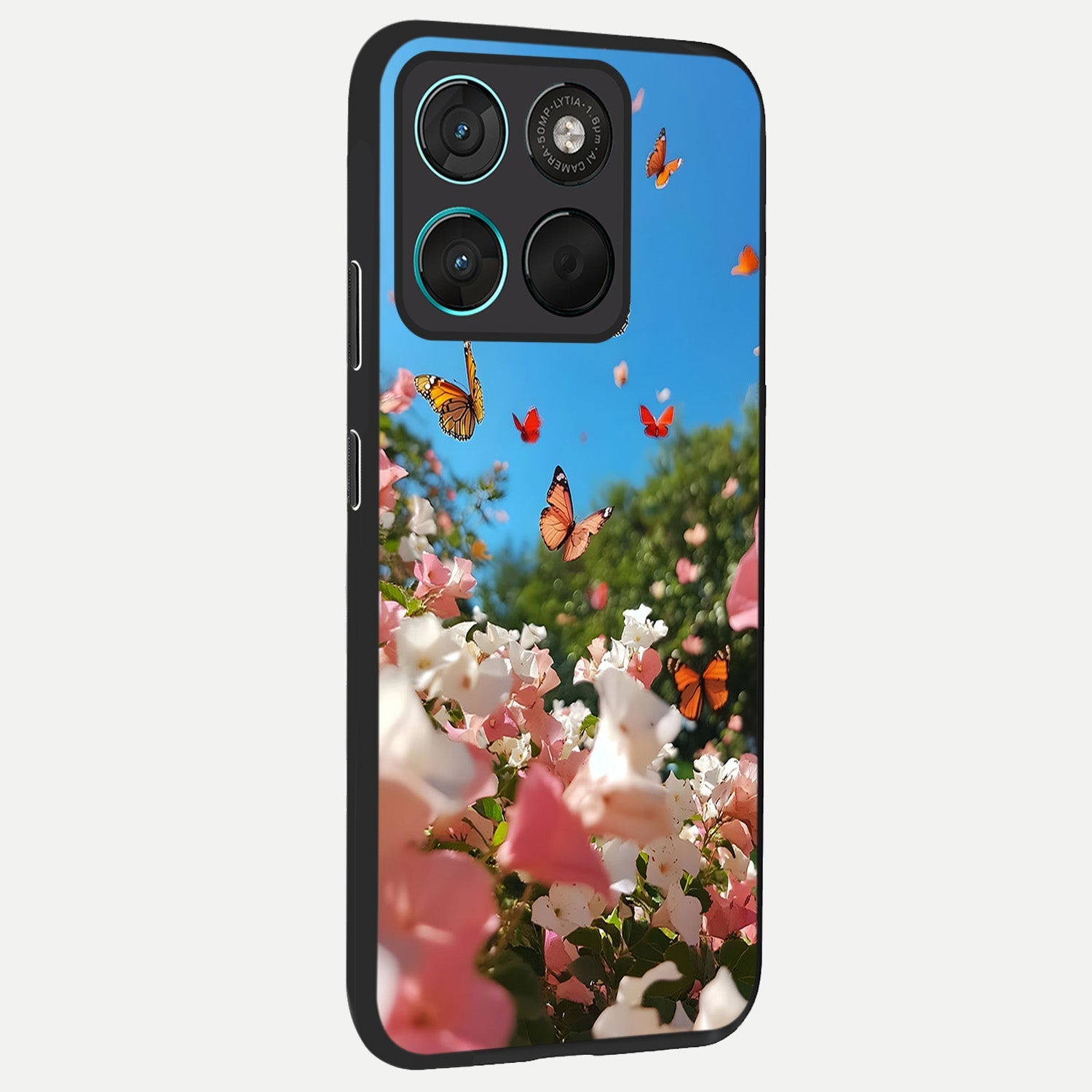  Butterflies In Bloom Sky back cover For Moto G57 Power slim fit glass case with vibrant aesthetic design