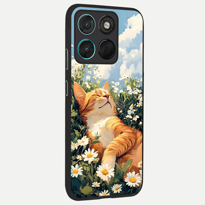  Cat And Flowers View back cover For Moto G57 Power slim fit glass case with vibrant aesthetic design