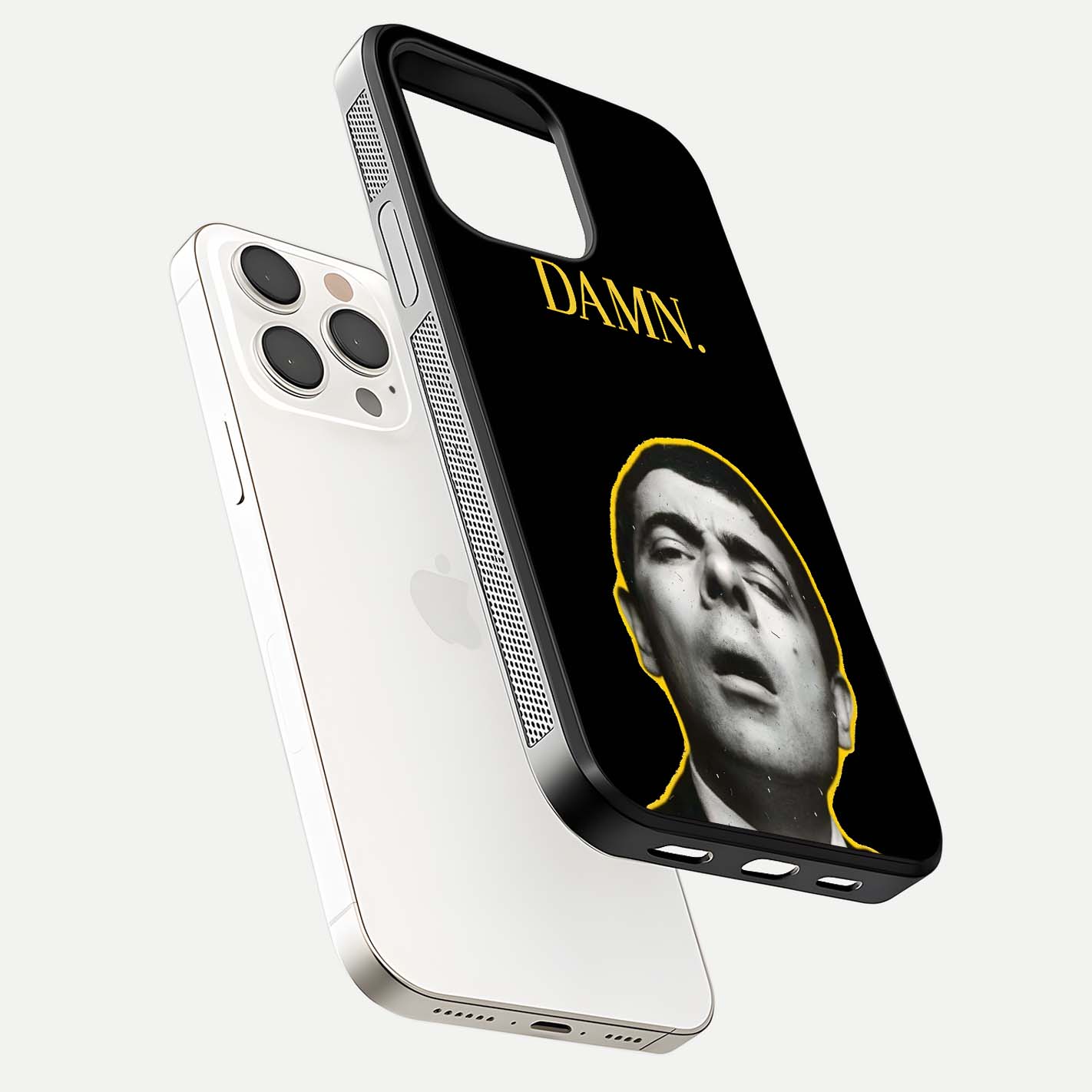 Mr Bean Damn Glass Case for iPhone 15 Pro Max floating dual-view mockup showing reflective gloss and vivid tones