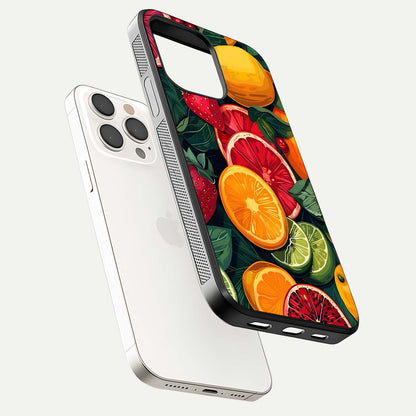Multiple Fruits Glass Case for iPhone 15 Pro Max floating dual-view mockup showing reflection depth and freshness