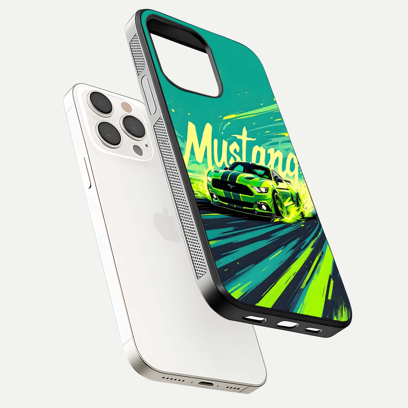 Mustang Bang Glass Case for iPhone 15 Pro Max floating dual-view mockup showing gloss depth and power design