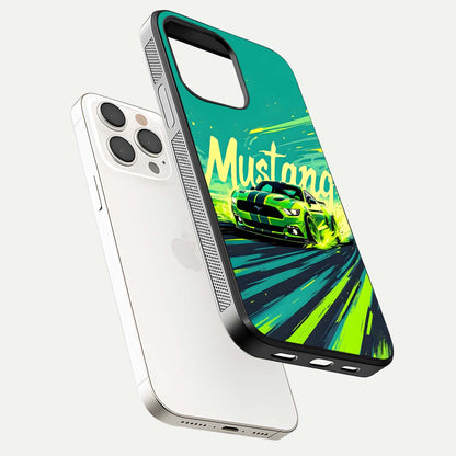 Mustang Bang Glass Case for iPhone 15 Pro Max floating dual-view mockup showing gloss depth and power design