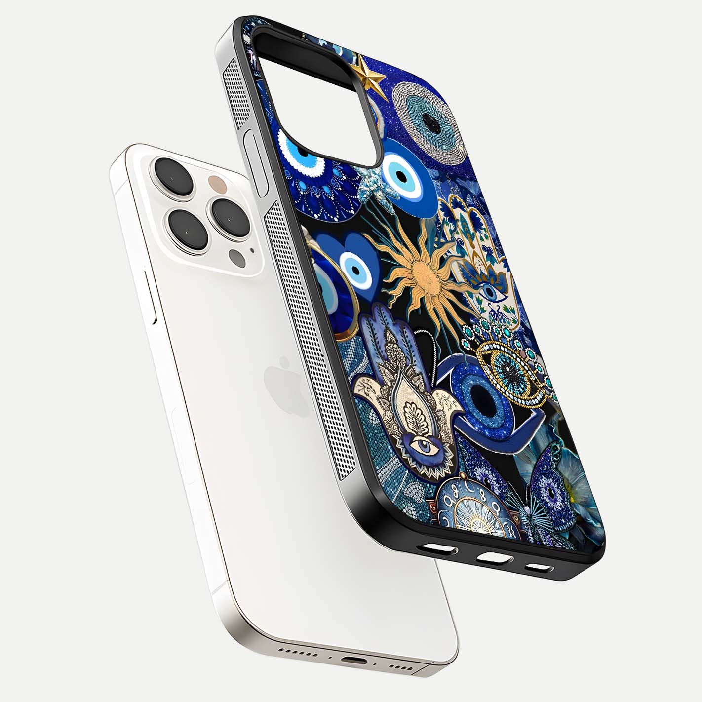 Mystic Blue Evil Eye Glass Case for iPhone 15 Pro Max floating dual-view mockup showing gloss depth and sacred symbol