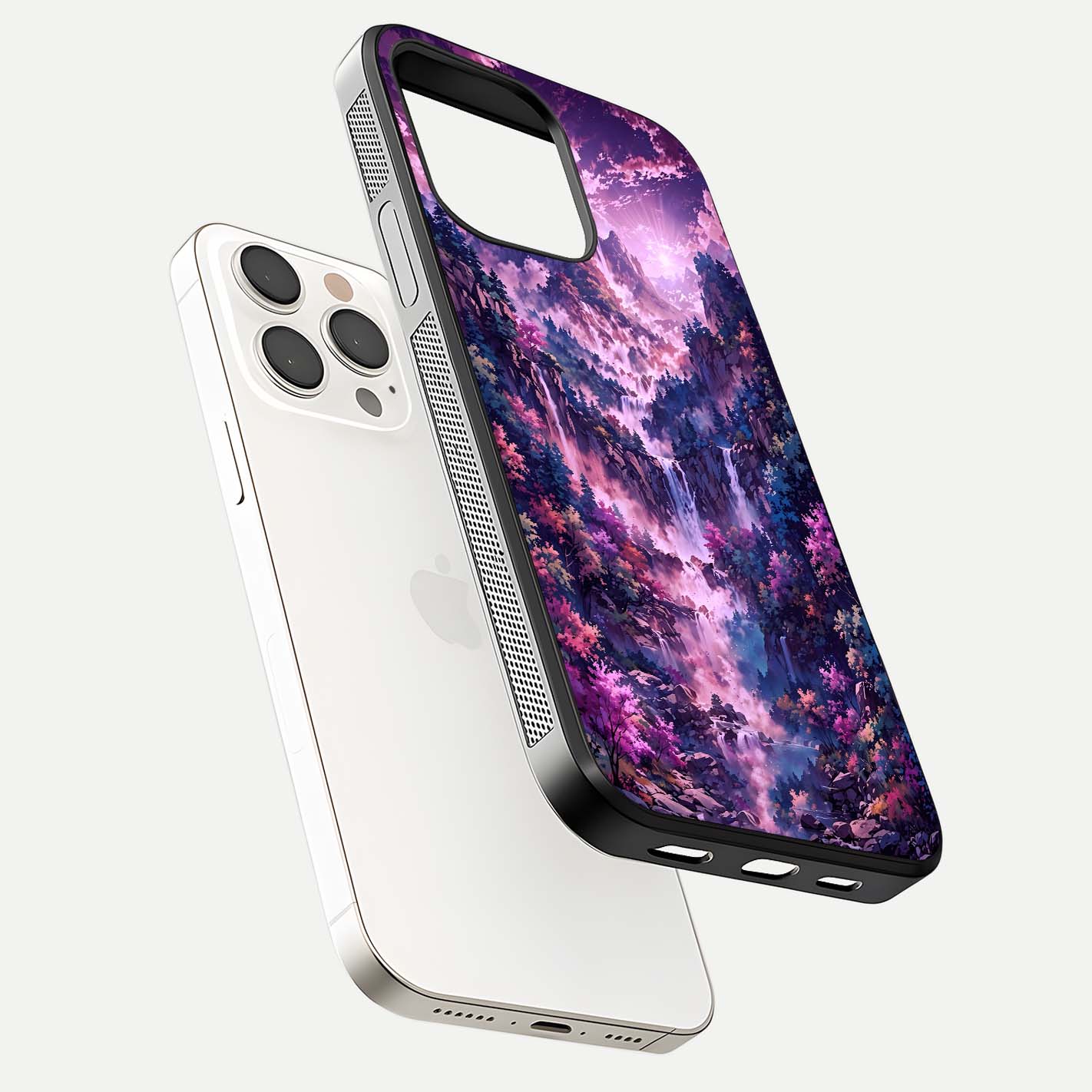 Mystic Cascade Peaks Glass Case for iPhone 15 Pro Max floating dual-view mockup showing gloss texture and depth