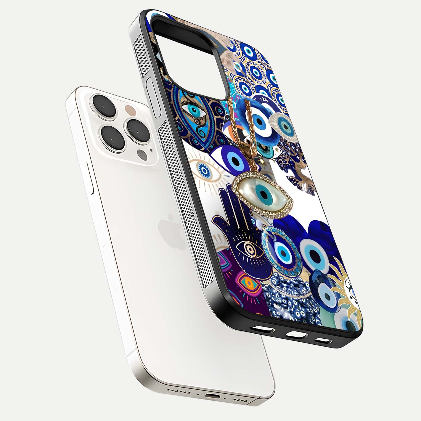 Mystic Charm Eye Glass Case for iPhone 15 Pro Max floating dual-view mockup showing gloss glow and charm symbol