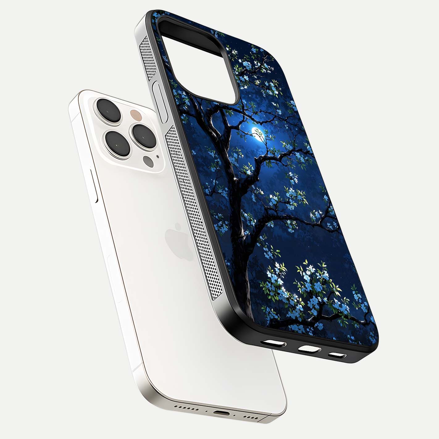 Mystic Floral Night Glass Case for iPhone 15 Pro Max floating dual-view mockup displaying shine and rich color depth