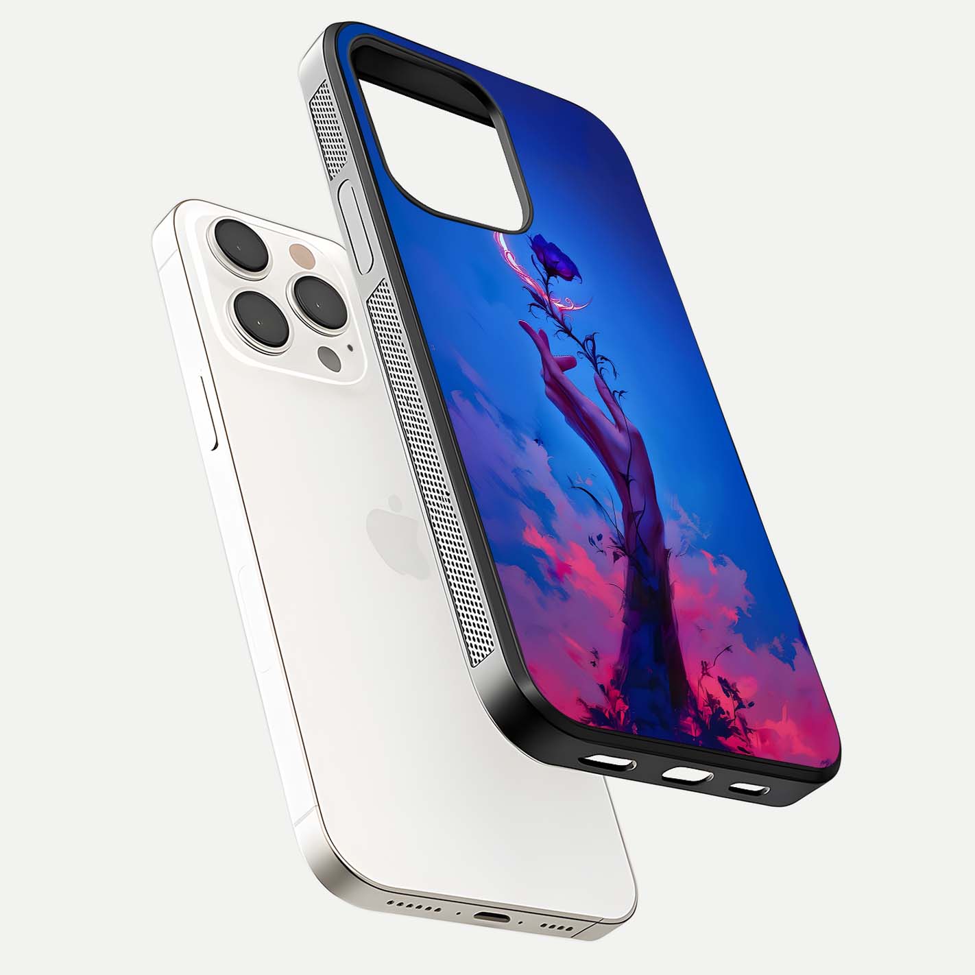 Mystic Hand Glass Case for iPhone 15 Pro Max floating dual-view mockup showing HD shine and fine palm detail
