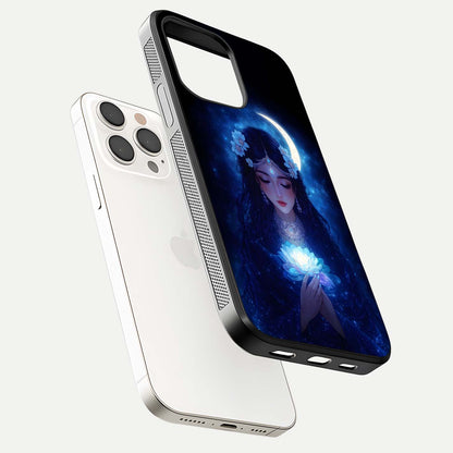 Mystic Moon Queen Glass Case for iPhone 15 Pro Max floating dual-view mockup showing HD gloss and cosmic glow