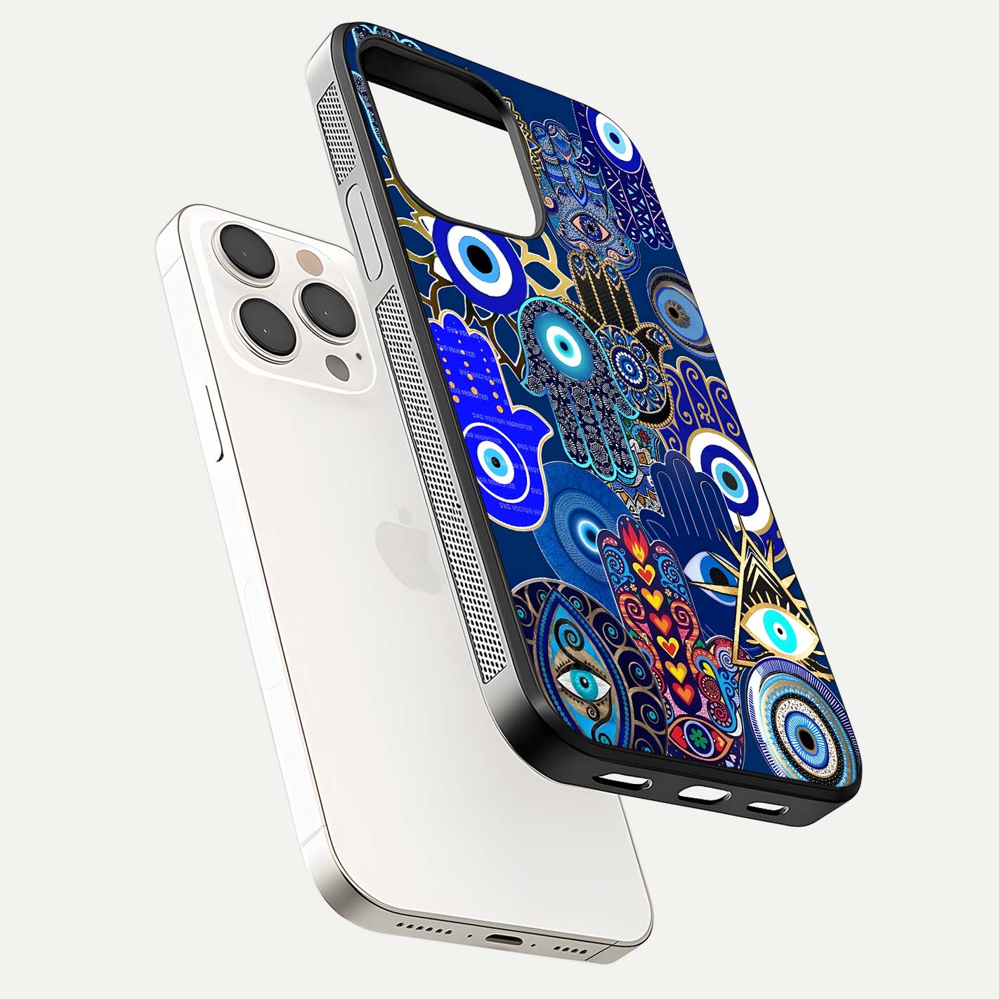 Mystic Palm Guard Glass Case for iPhone 15 Pro Max floating dual-view mockup showing HD reflection and vivid tone