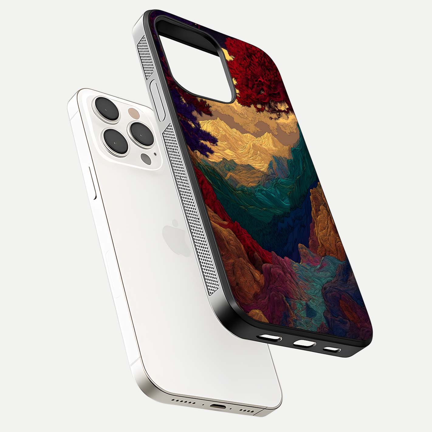 Mystic Valley Light Glass Case for iPhone 15 Pro Max floating dual-view mockup showing HD gloss and light blend