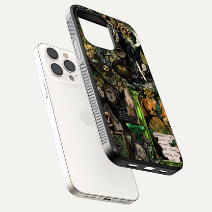 Mystic Woods Secret Glass Case for iPhone 15 Pro Max floating dual-view mockup showing HD shine and depth