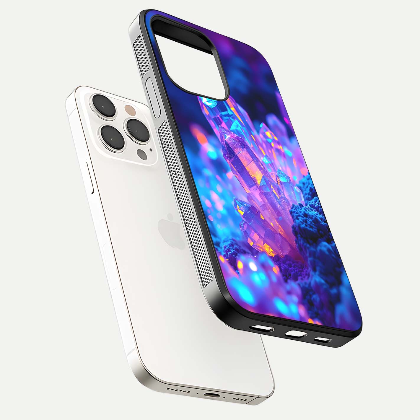 Neon Aura Shards Glass Case for iPhone 15 Pro Max floating dual-view mockup showing HD shine and shard texture