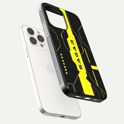 Neon CYBERPUNK Custom Name Glass Case for iPhone 15 Pro Max floating dual-view mockup showing HD shine and neon lines