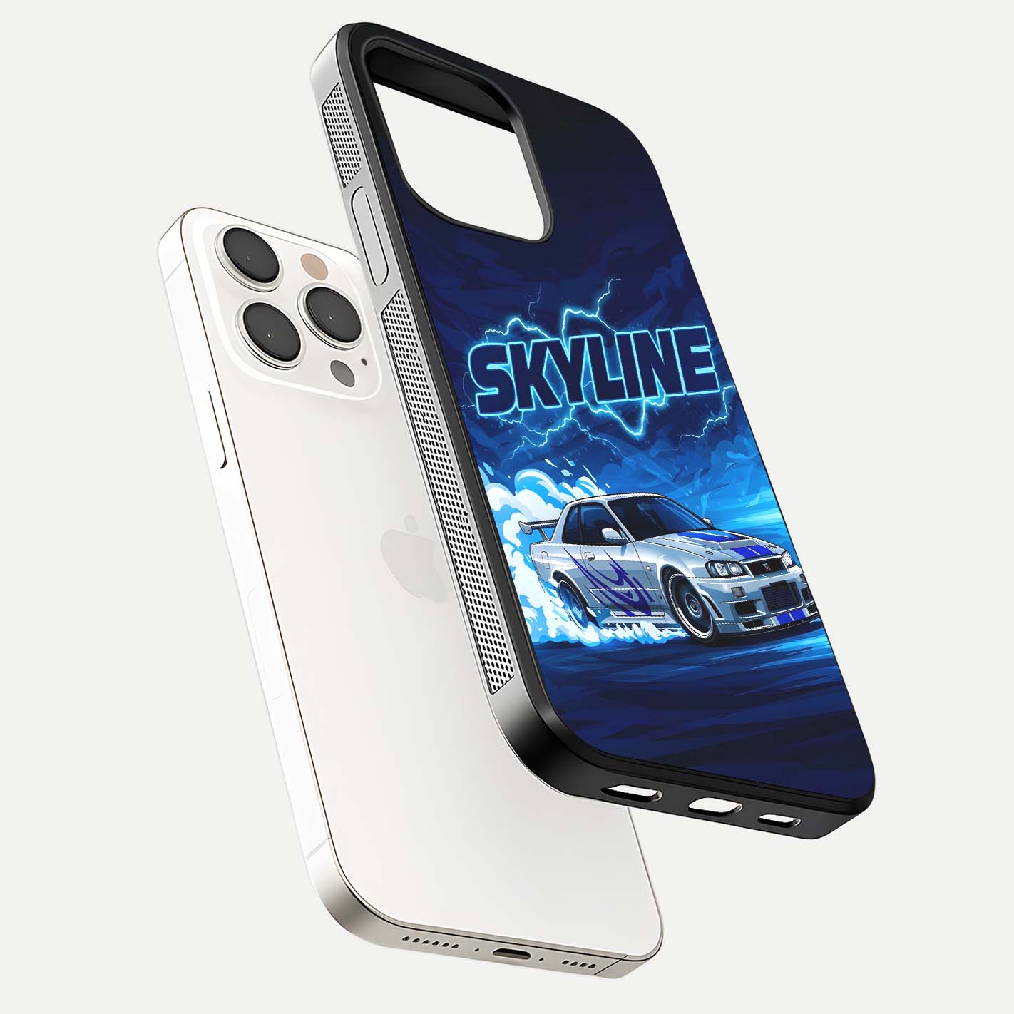 Neon Drift Beast Glass Case for iPhone 15 Pro Max floating dual-view mockup showing gloss texture and motion glow