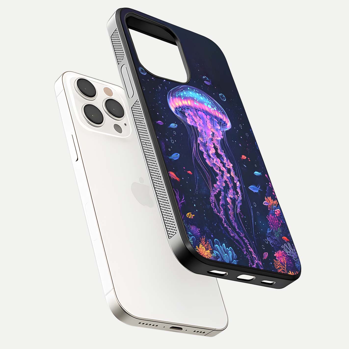 Neon Jellyfish Glass Case for iPhone 15 Pro Max floating dual-view mockup showing gloss texture and underwater glow